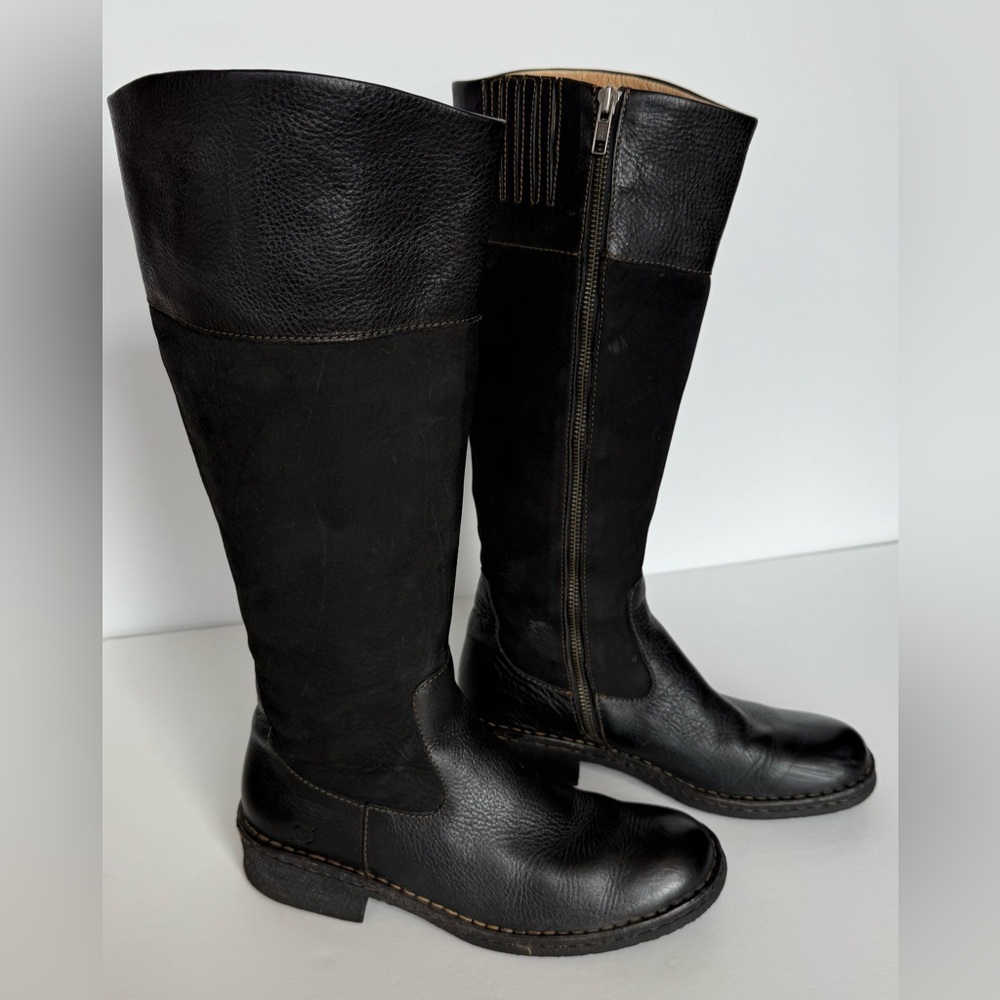 Born Baret II Women’s 8 Black Leather & Suede Riding Boot Side Zipper Gusset